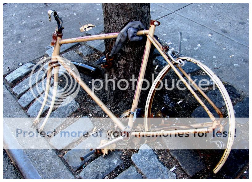 Old bike chained to tree in East Village